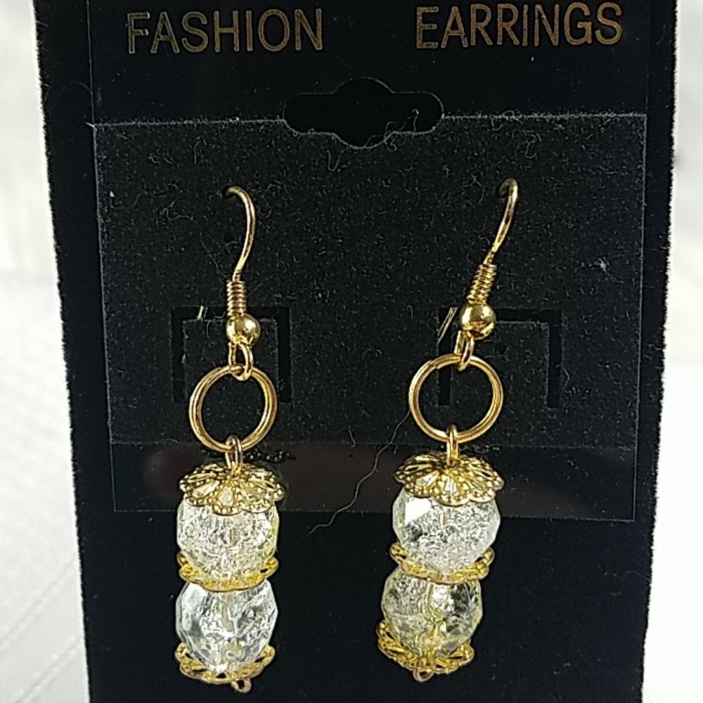 Dangle Earrings Clear and Gold Tone w Hooks